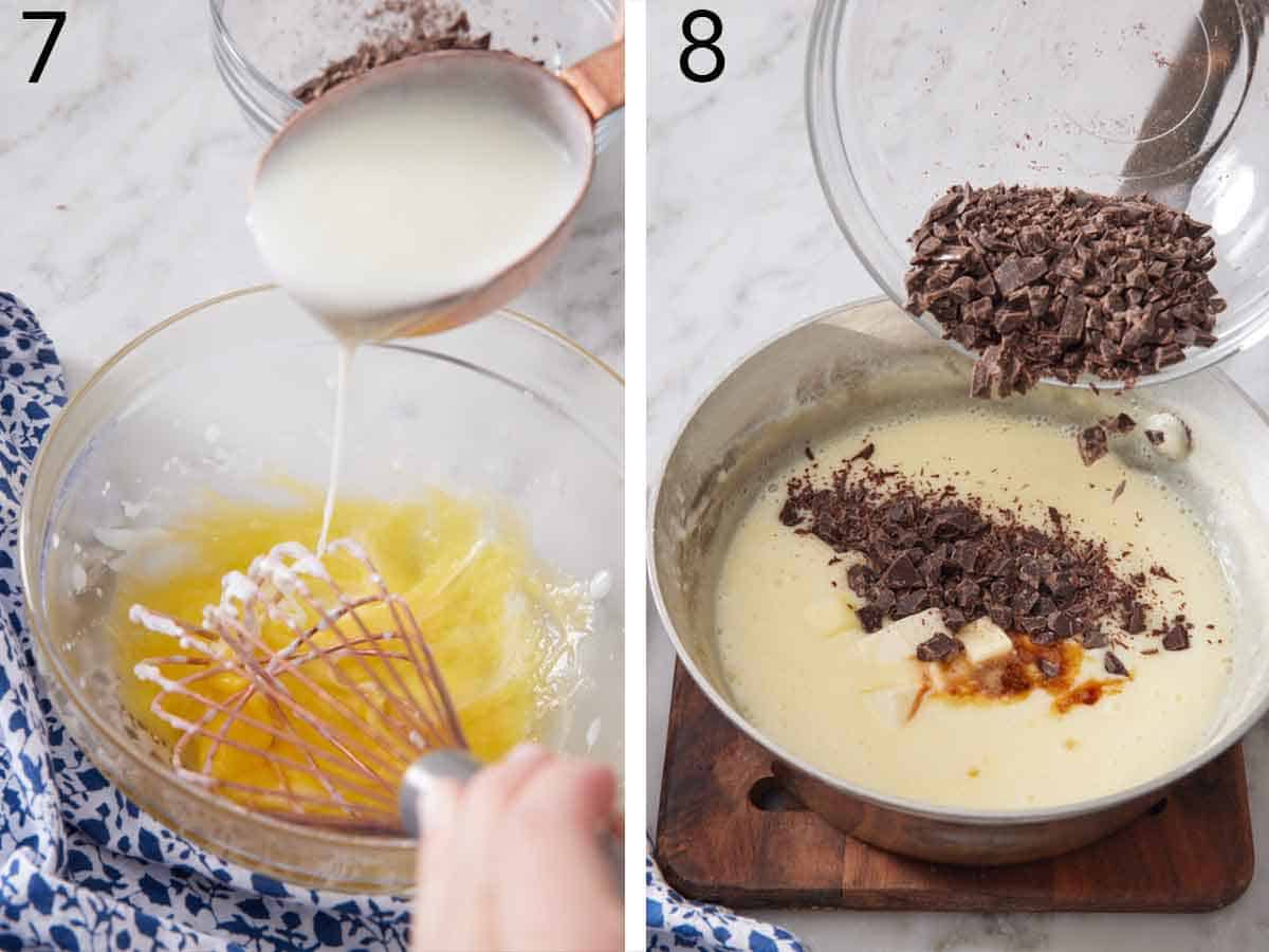 Set of two photos showing eggs whisked and and milk added then chopped chocolate.