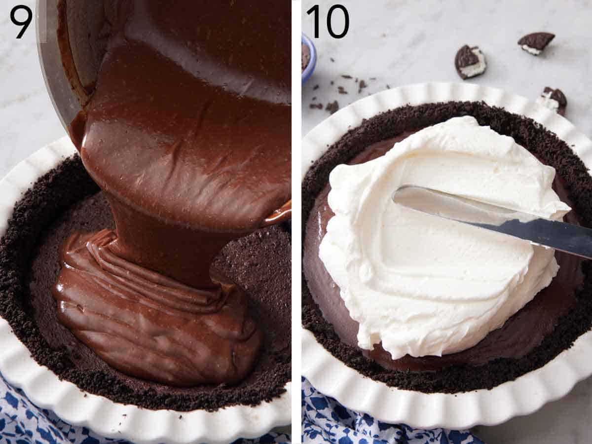 Set of two photos showing pudding layer over the brownie layer in the baking dish then topped with whipped cream.