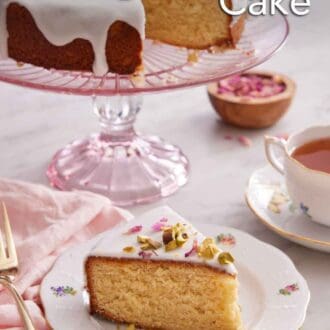 Pinterest graphic of a slice of Persian love cake on a plate with a pink cake stand in the back with the rest of the cake.
