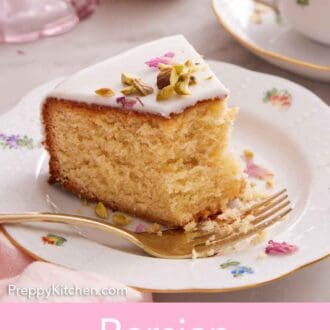 Pinterest graphic of a plate with a slice of Persian love cake with half of it eaten and a fork on the plate.