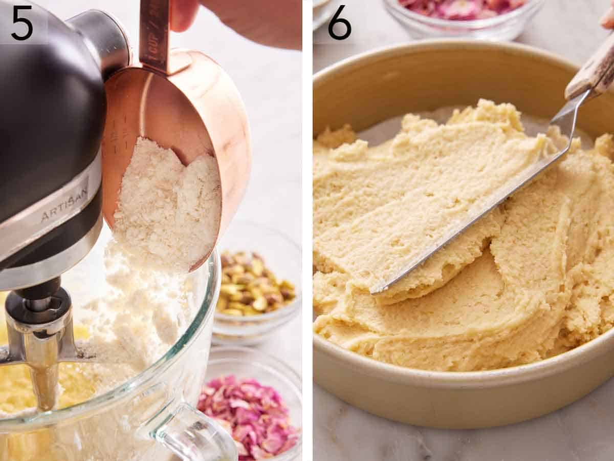 Set of two photos showing flour added to a mixer and batter spread in a cake pan.
