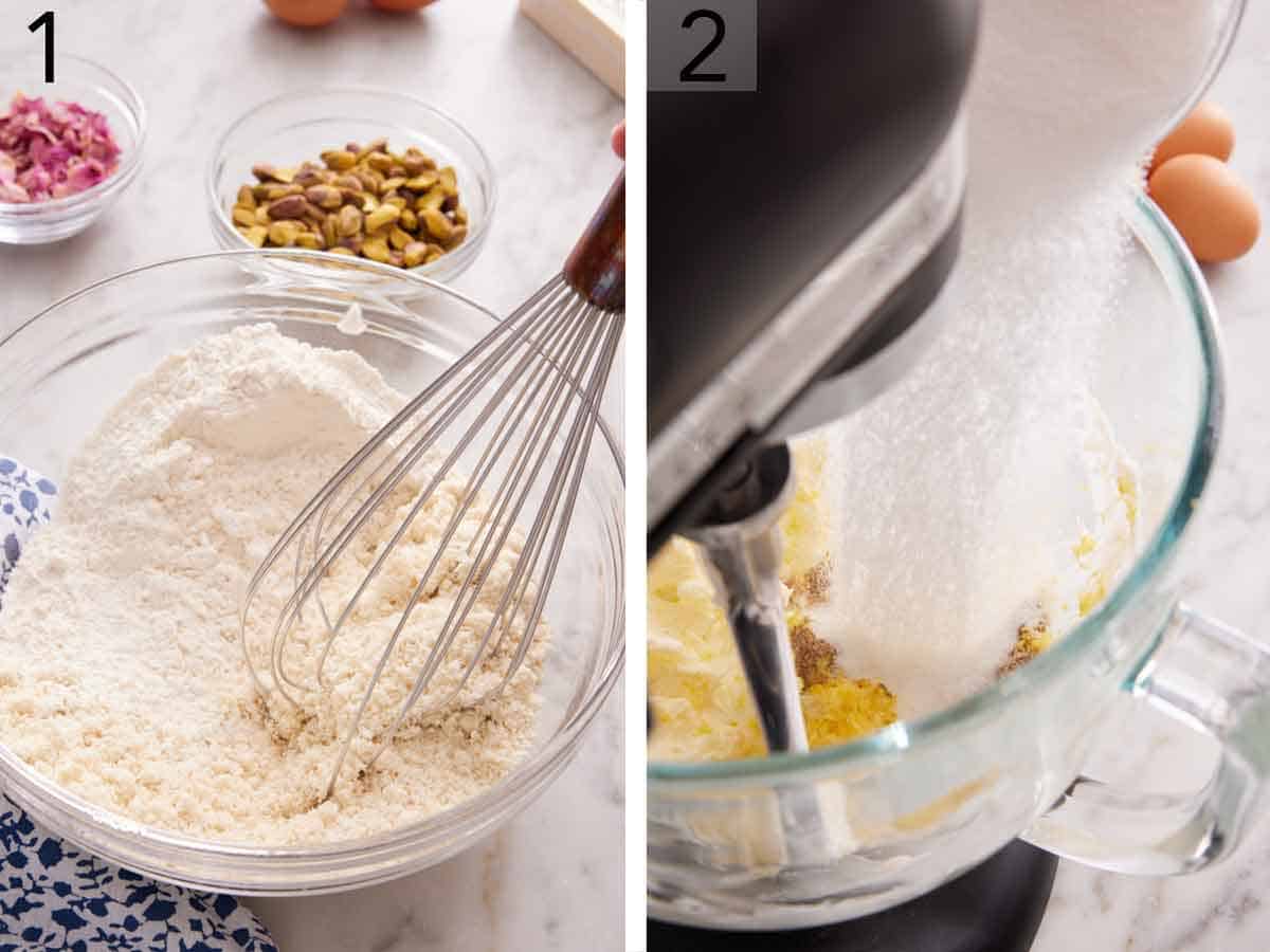 Set of two photos showing dry ingredients whisked in a bowl and sugar added to a mixing bowl.