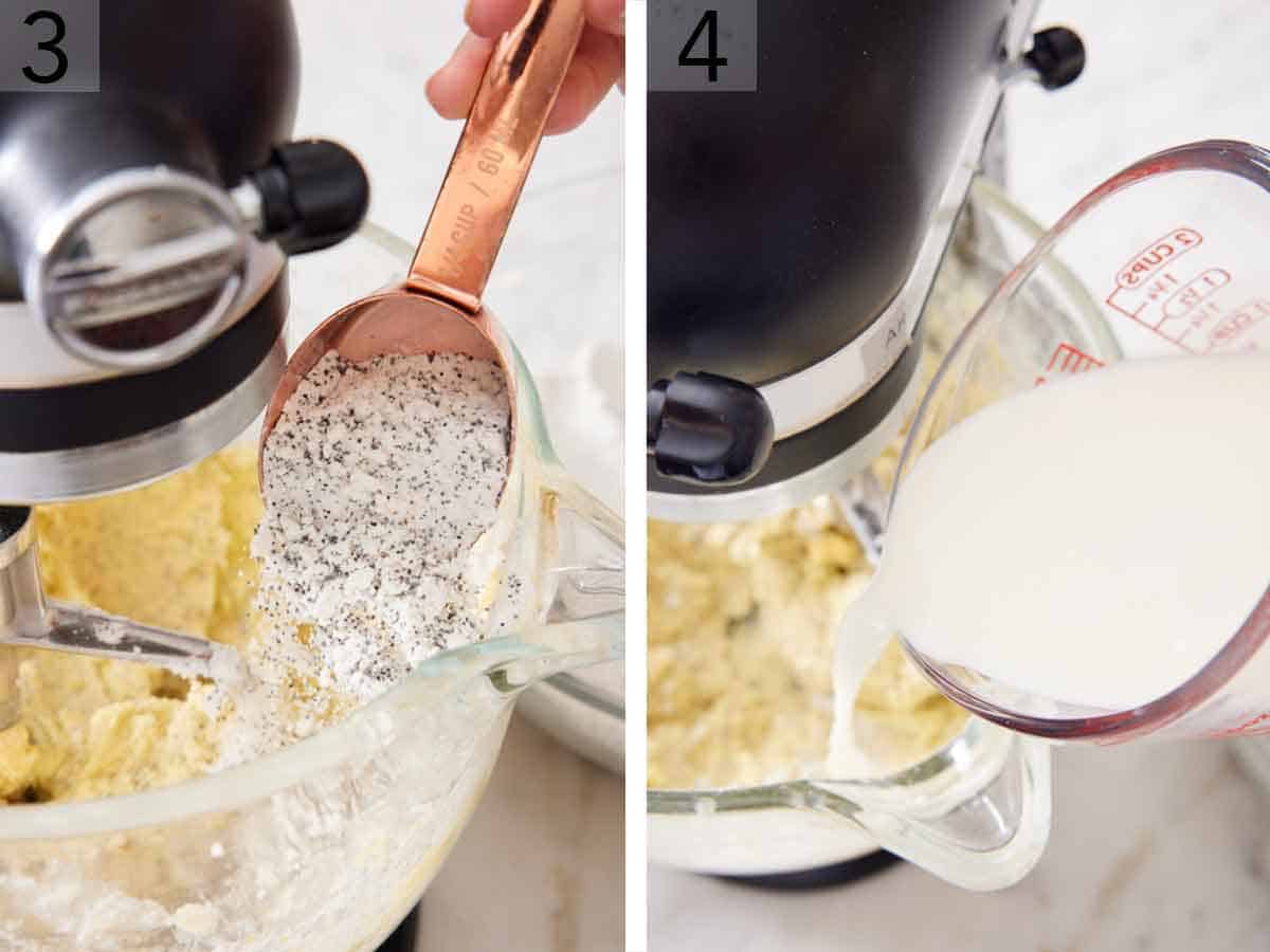 Set of two photos showing dry and wet ingredients added to the mixer.