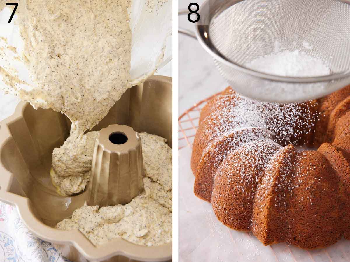 Set of two photos showing batter added to a cake pan and powdered sugar dusted on top of the baked cake.
