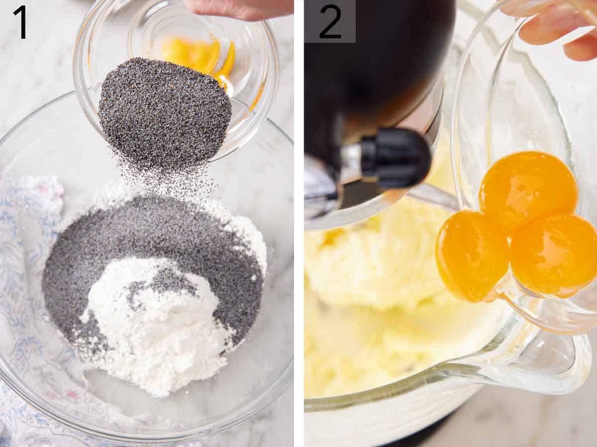 Set of two photos showing dry ingredients added in a bowl and eggs added to a mixer.