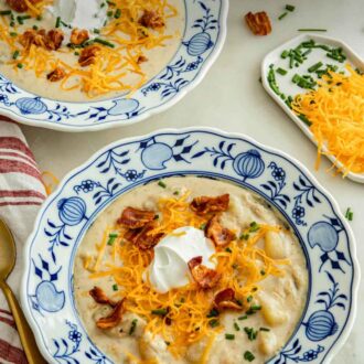 Pinterest graphic of two bowls of potato soup with assorted toppings.