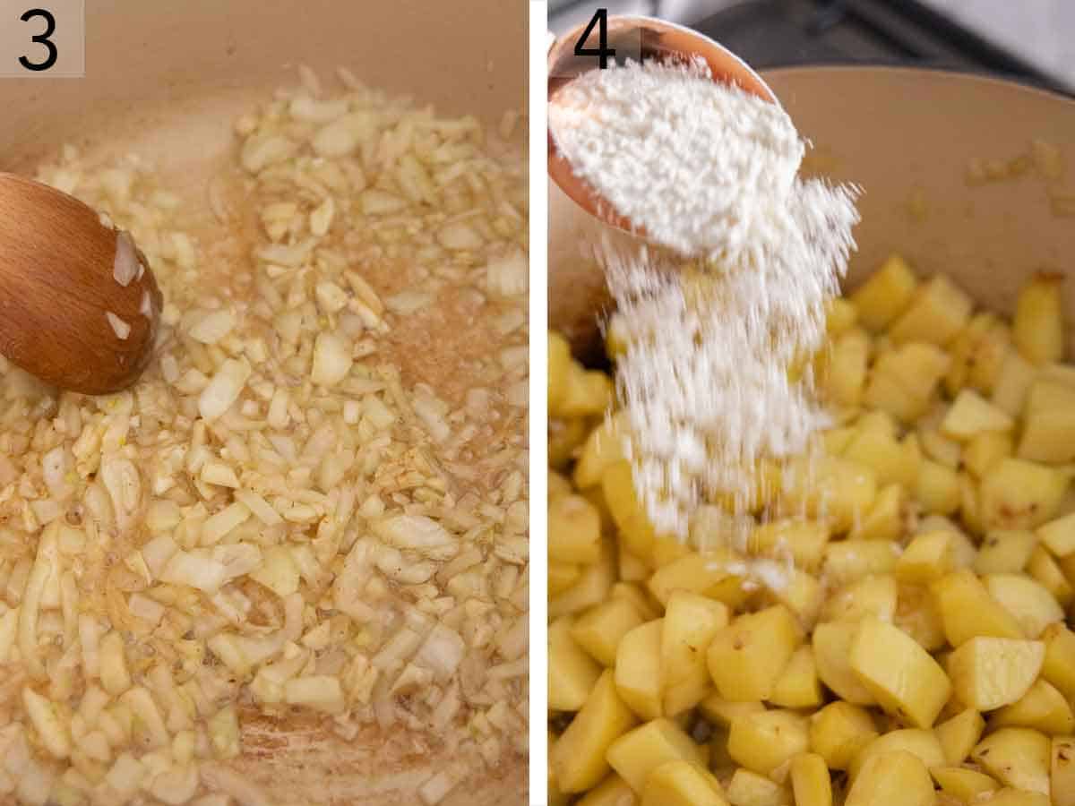Set of two photos showing onions cooked in a pot and flour added to potatoes in the pot.