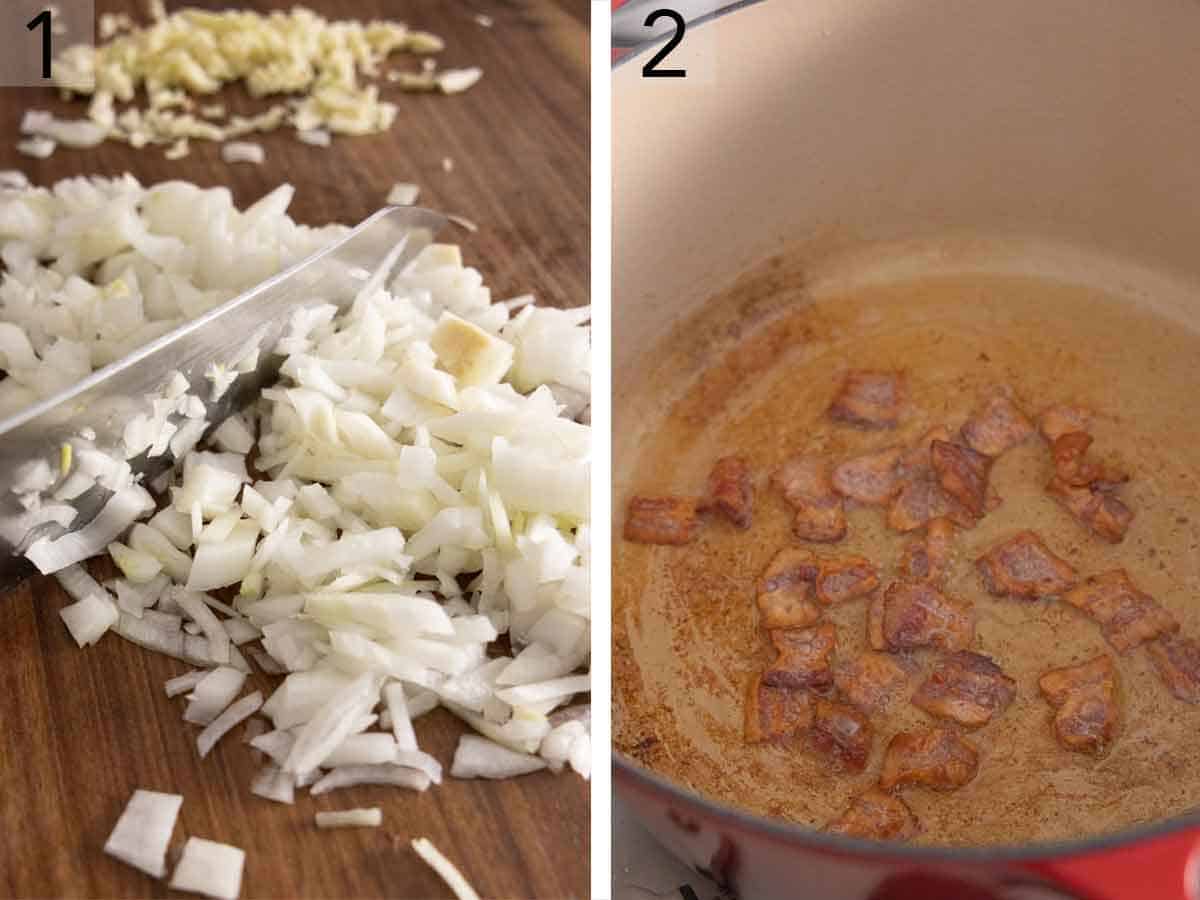 Set of two photos showing onions diced on a cutting board and bacon cooked in a pot.
