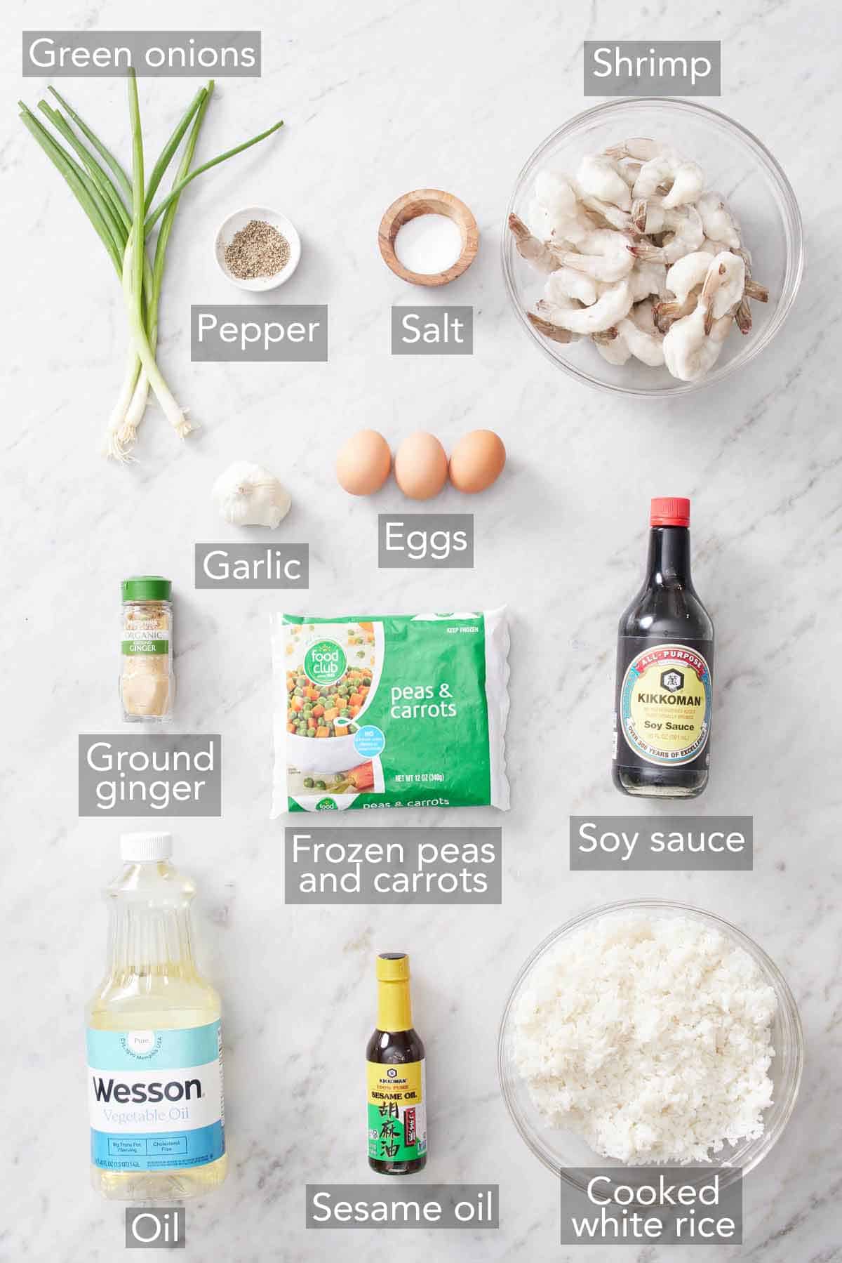 Ingredients needed for shrimp fried rice.