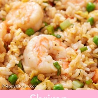 Pinterest graphic of a close up view of shrimp fried rice.