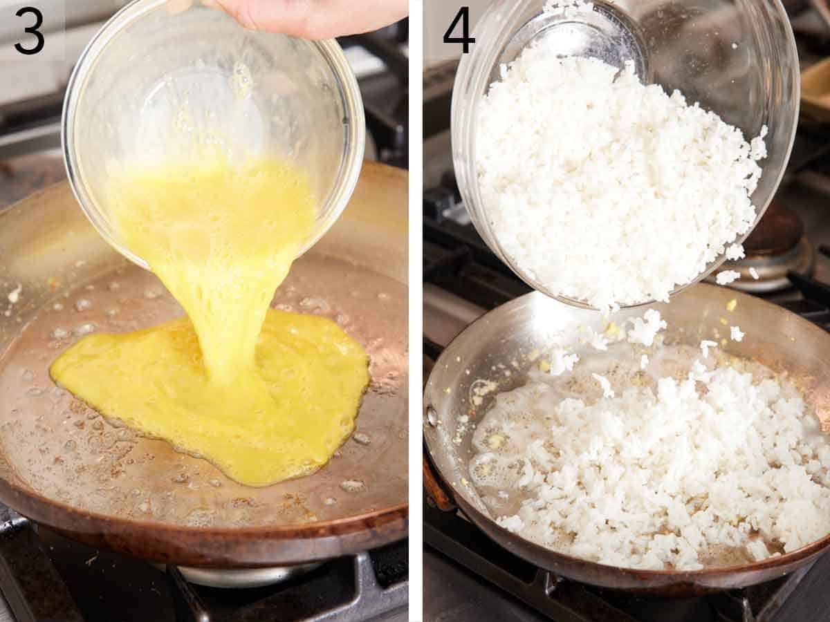 Set of two photos showing beaten eggs and rice added to a skillet.