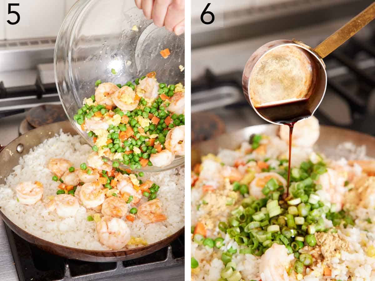 Set of two photos showing shrimp, peas, and carrots added back to the skillet then soy sauce poured on top.