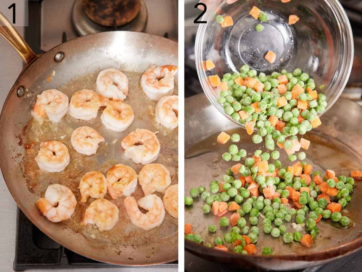 Set of two photos showing shrimp seared in a skillet then frozen peas and carrots added.