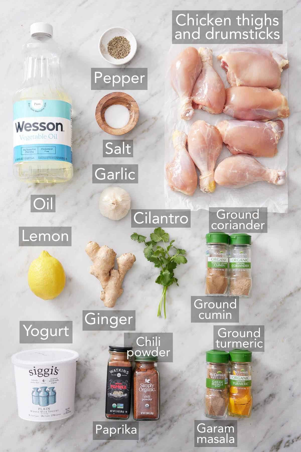 Ingredients needed to make tandoori chicken.
