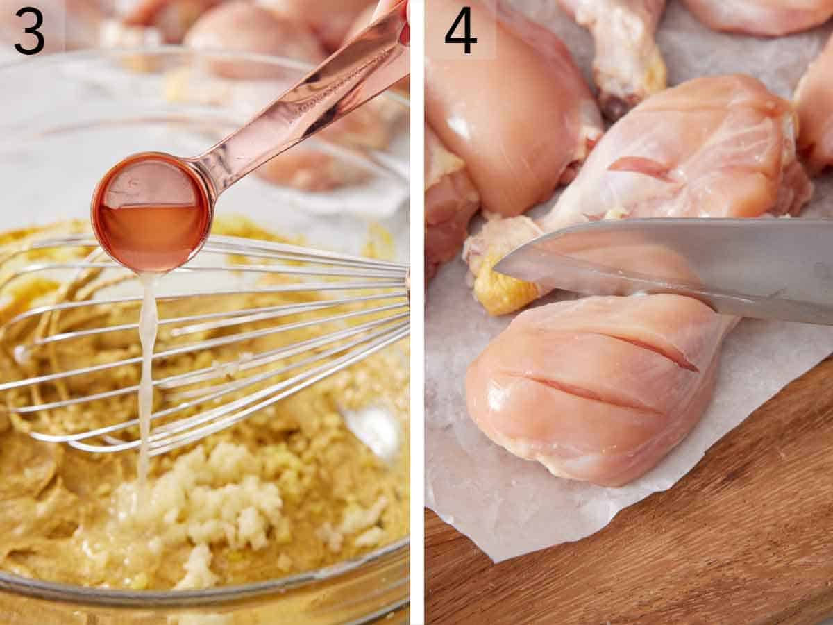 Set of two photos showing lemon juice added to the sauce and chicken scored with a knife.