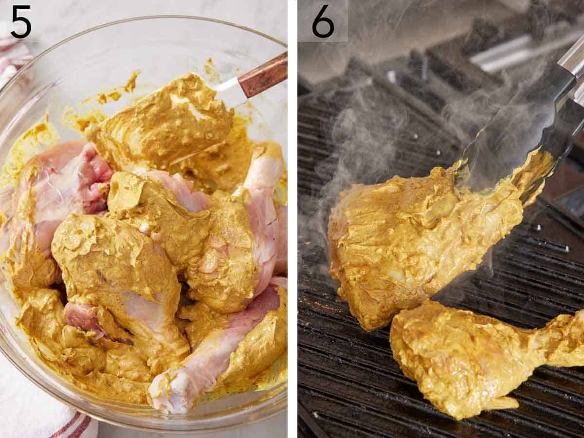 Set of two photos showing the chicken pieces coated in yogurt sauce and then seared on a grill.