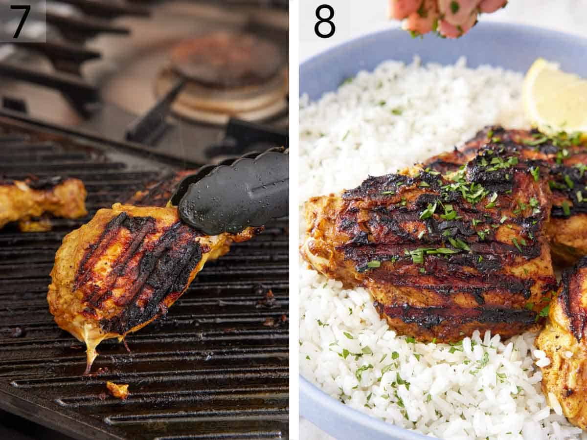 Set of two photos showing chicken flipped and served over rice with chopped parsley added on top.