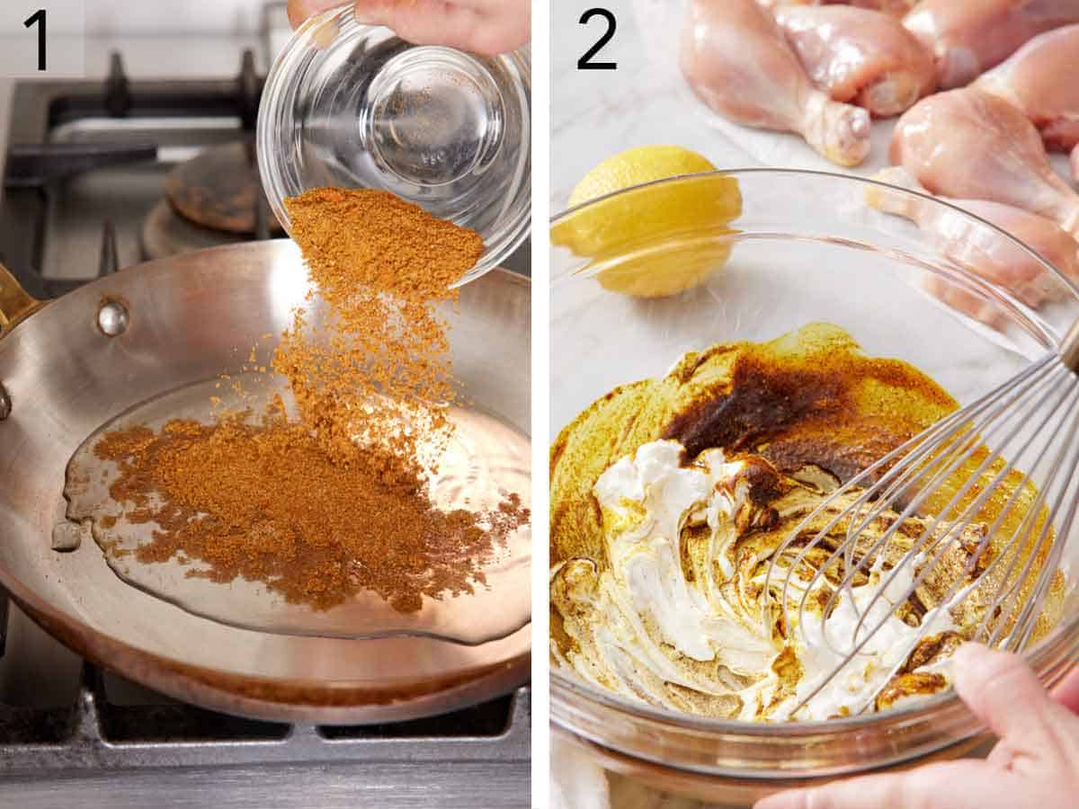 Set of two photos showing spices added to a skillet with oil and then whisked into a bowl of yogurt.