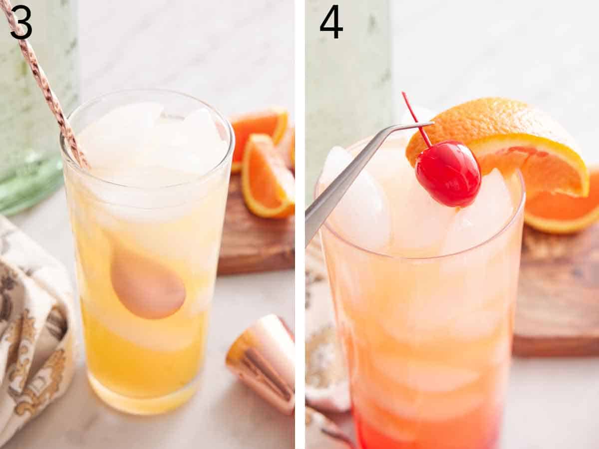 Set of two photos showing the cocktail stirred and garnishes placed on top.