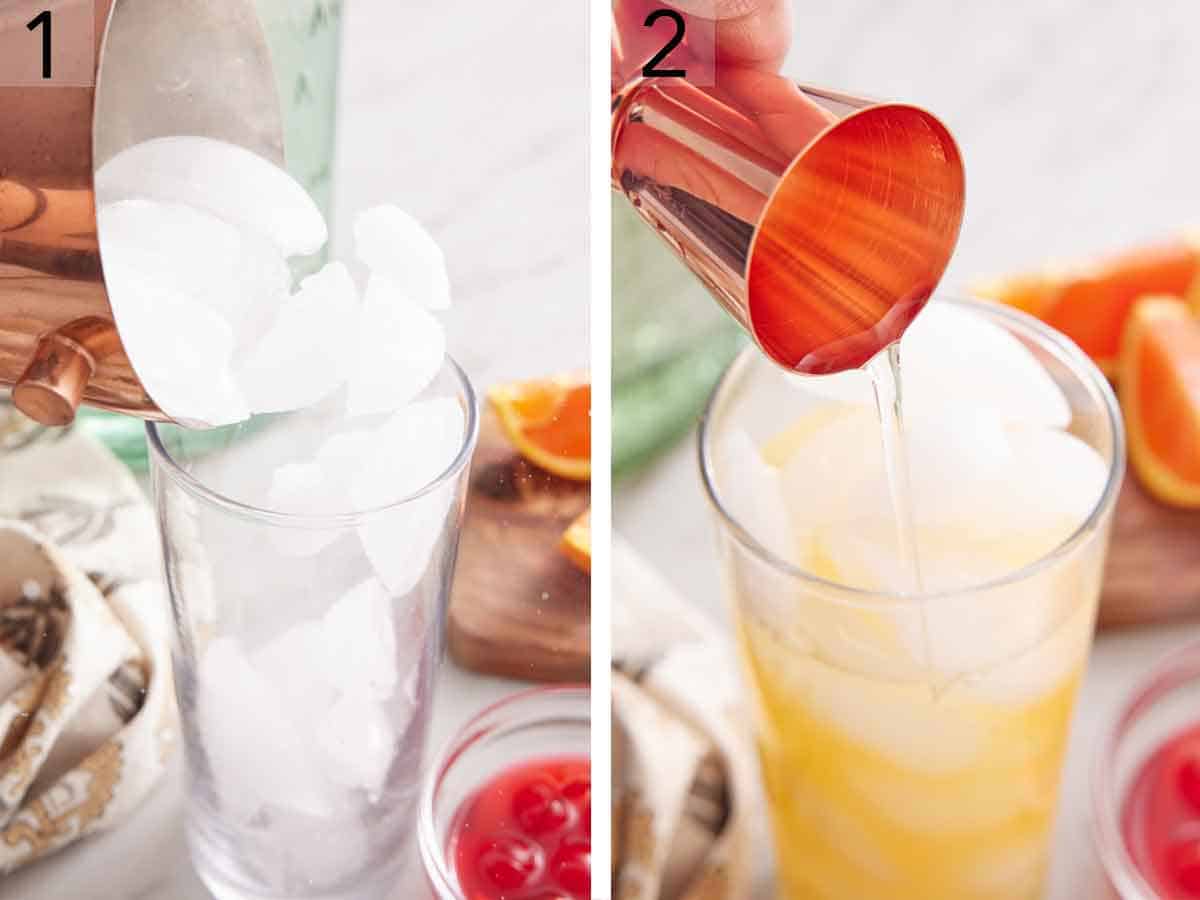 Set of two photos showing ice and tequila added to a tall glass.