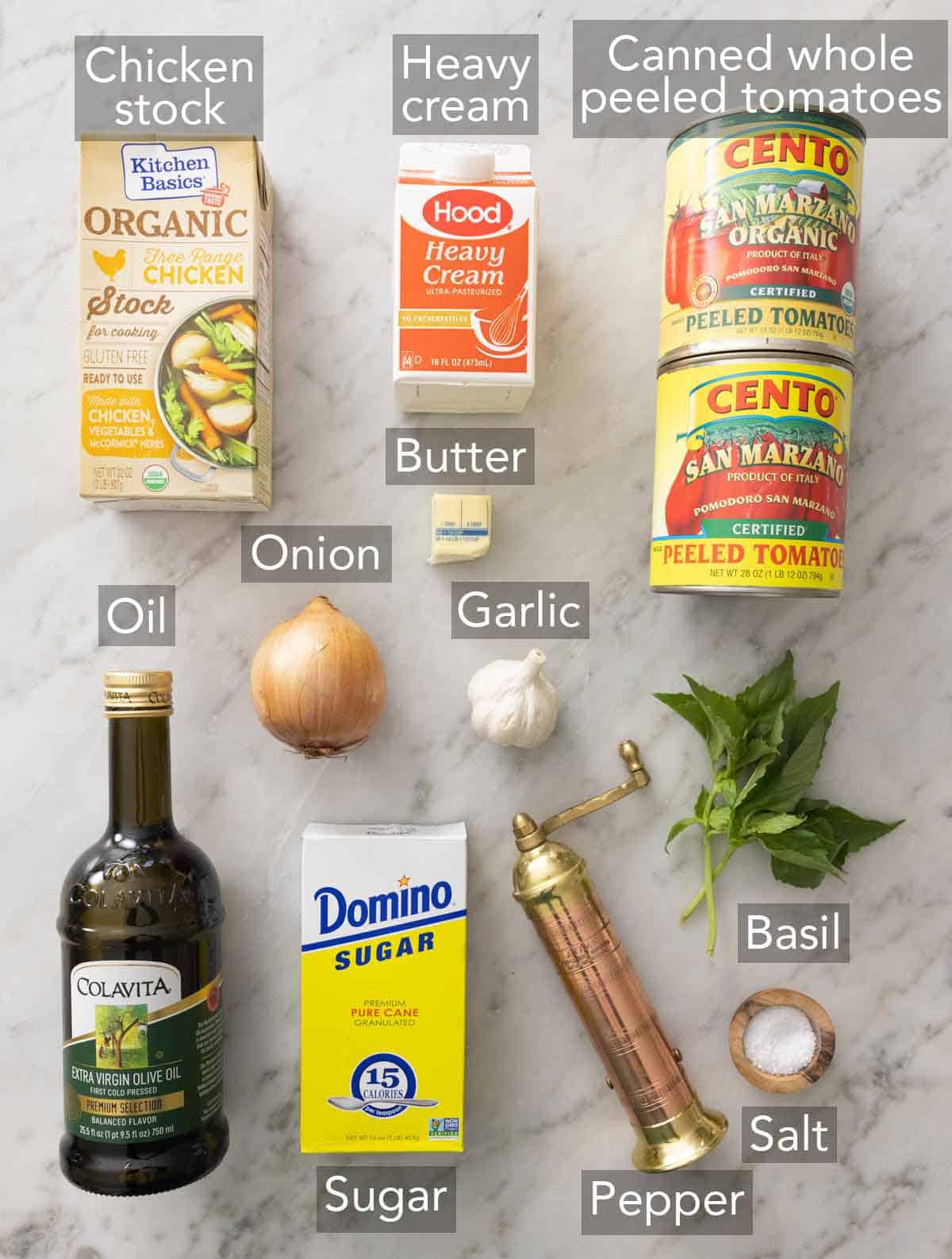 Ingredients needed to make a tomato soup recipe.