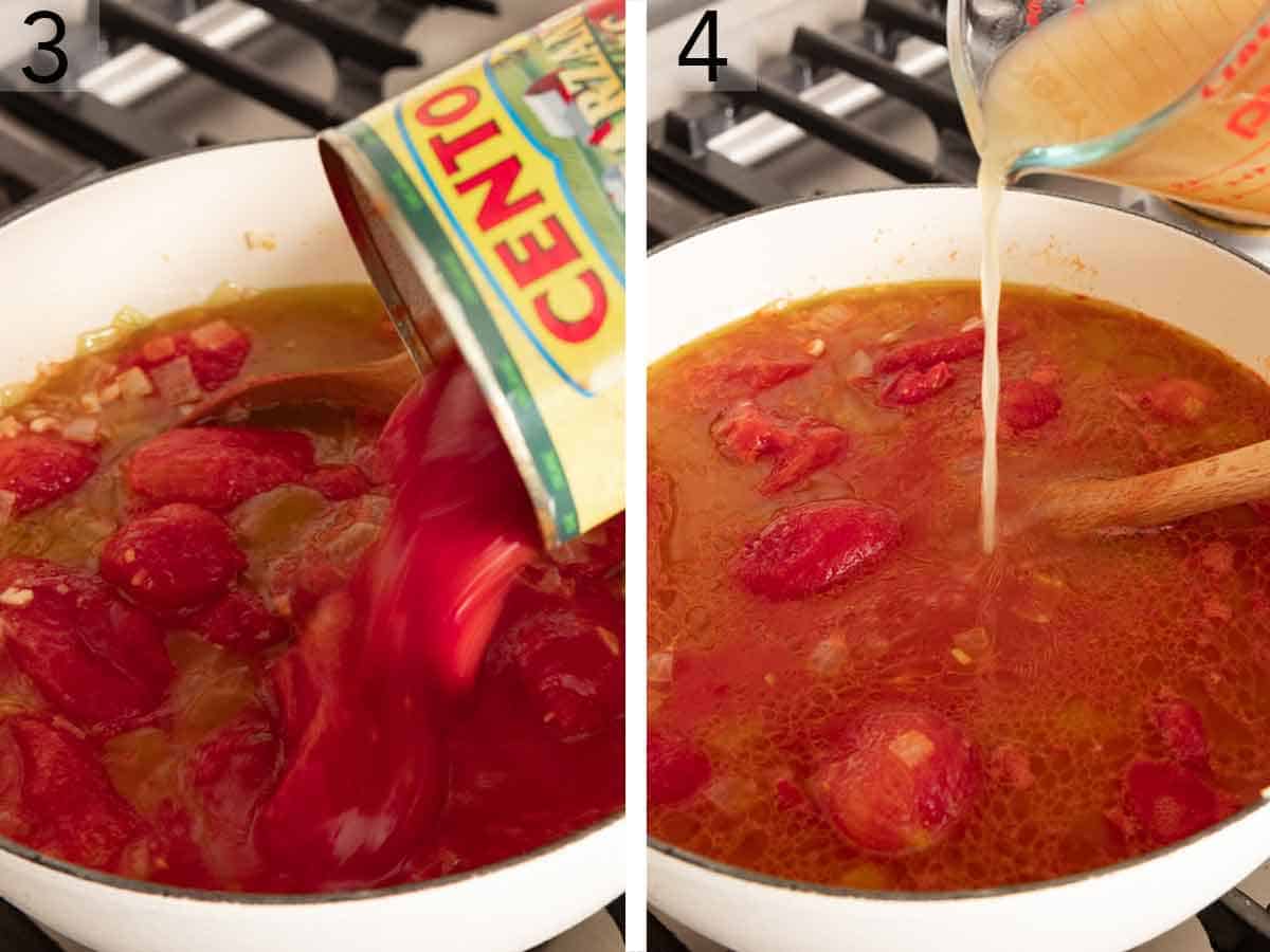 Set of two photos showing canned tomatoes and stock added to a pot.