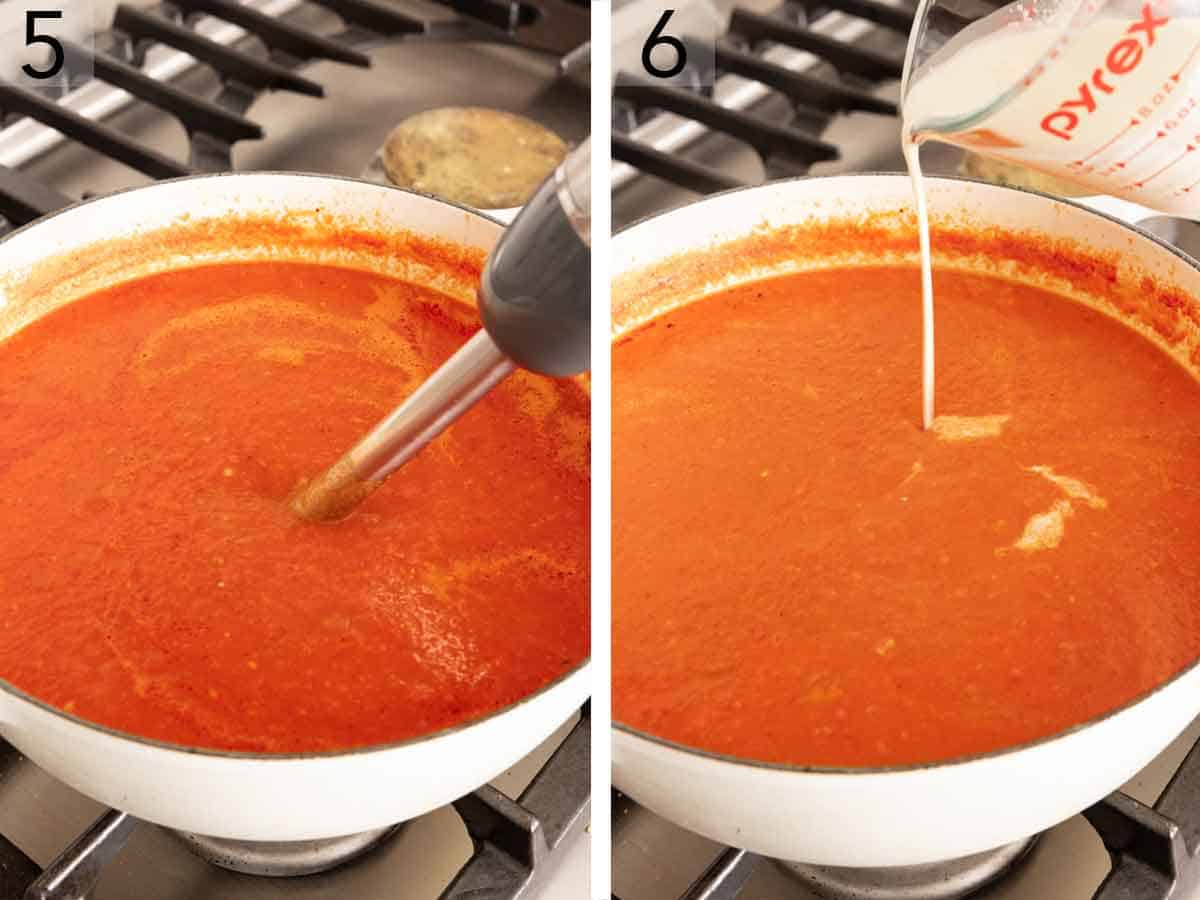 Set of two photos showing soup blended in the pot and cream poured in.