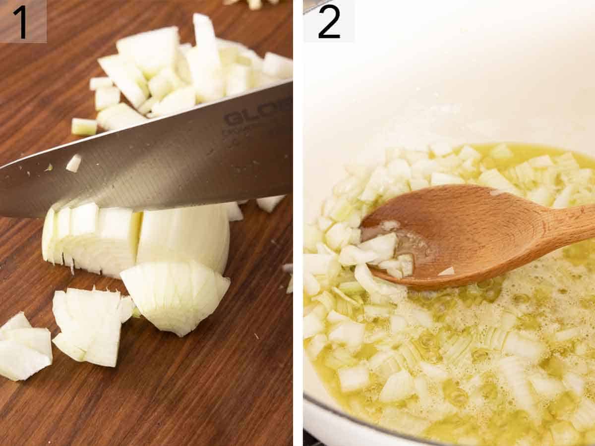 Set of two photos showing onions diced and cooked in a pot.