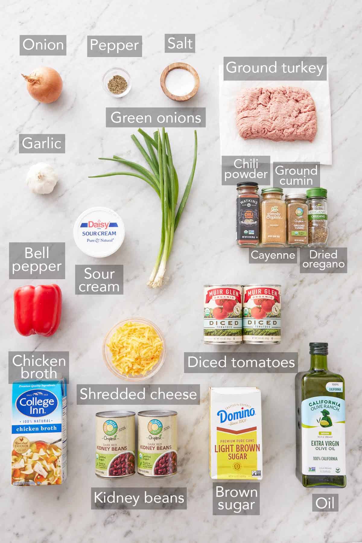 Ingredients needed to make turkey chili.