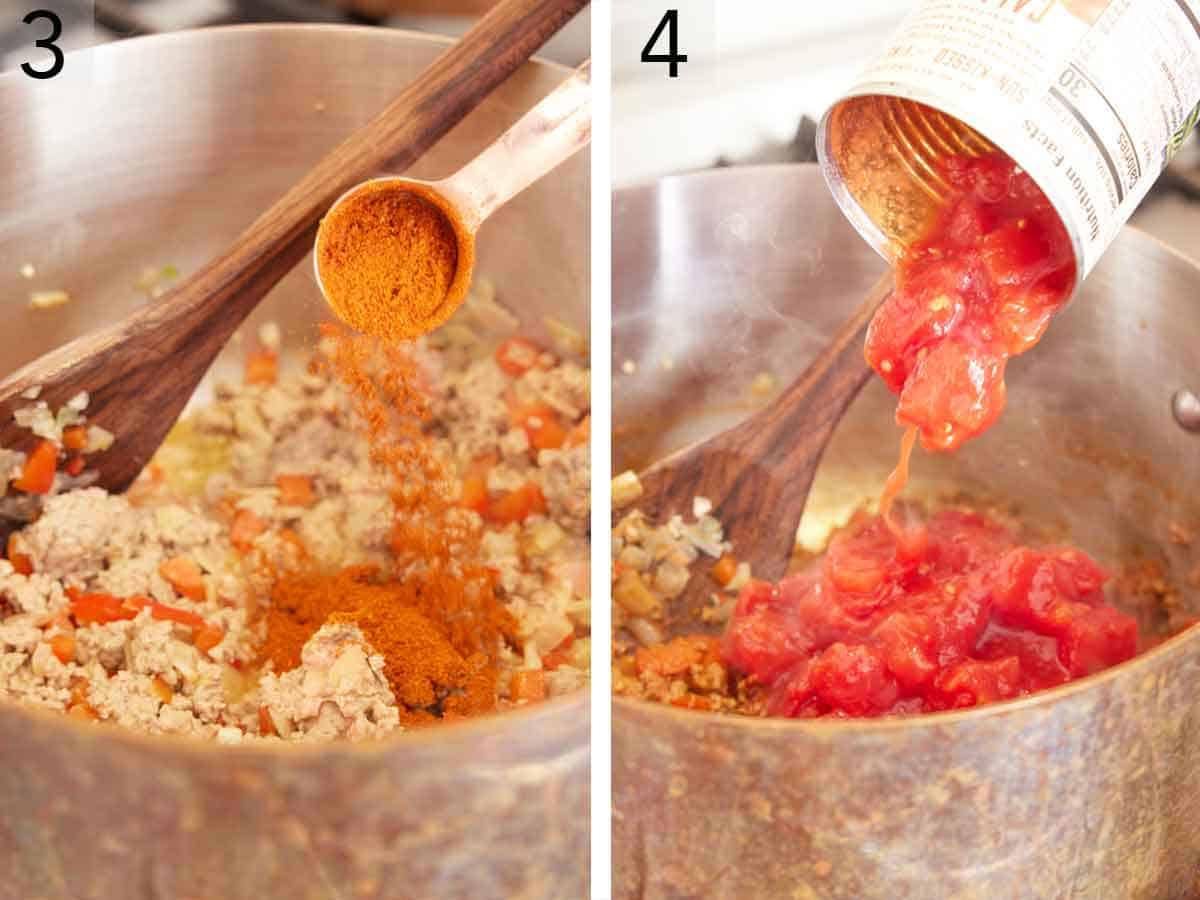 Set of two photos showing seasoning and canned tomatoes added to a pot.