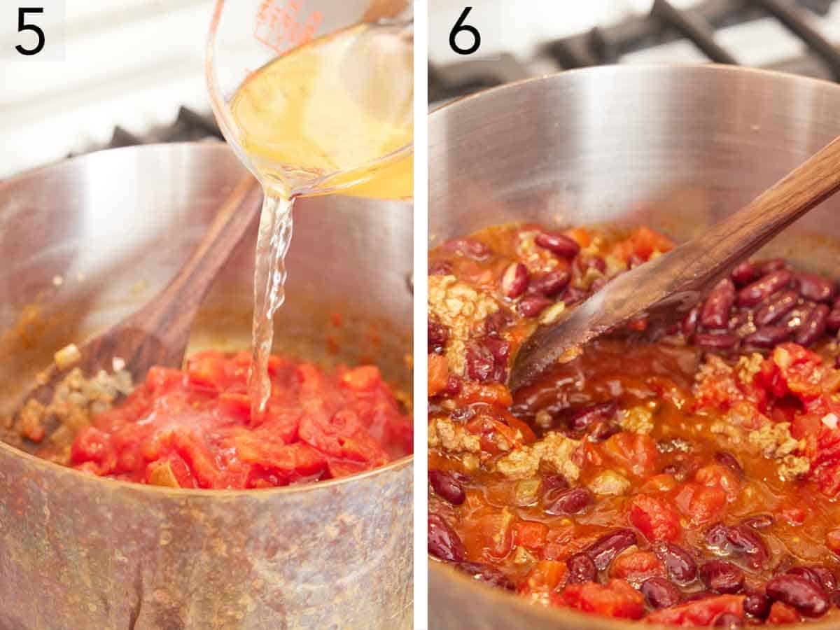 Set of two photos showing chicken broth added to the pot and red kidney beans stirred in.