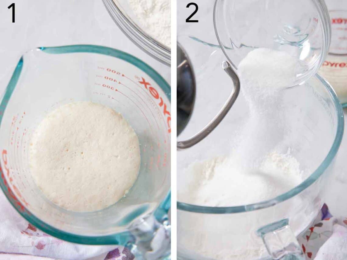 Set of two photos showing yeast bloomed in a measuring cup and sugar added to a mixing bowl.