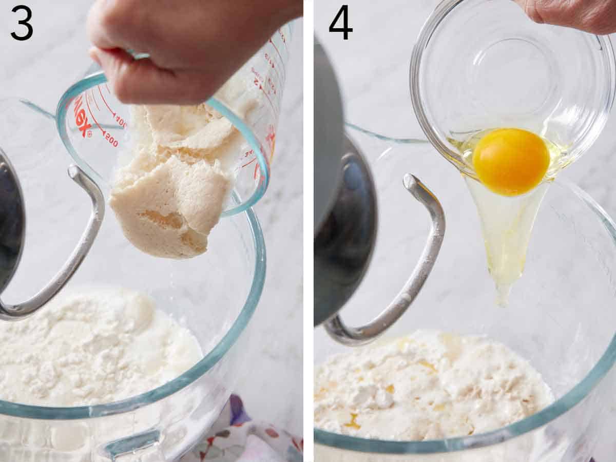 Set of two photos showing yeast and egg added to a mixer.