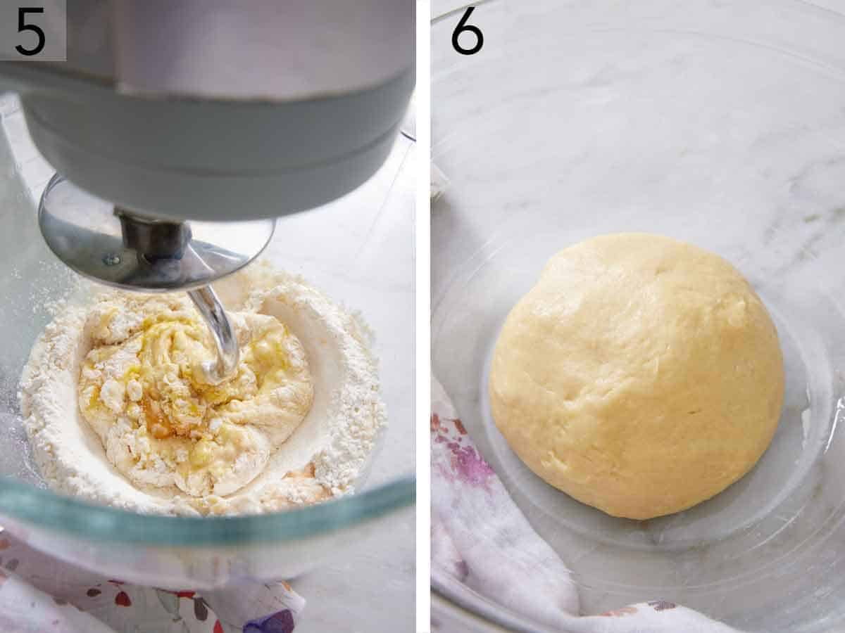 Set of two photos showing dough mixed and rolled into a ball.