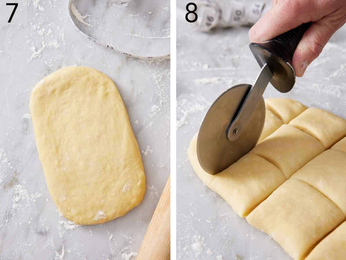 Set of two photos showing dough rolled into a rectangle and cut into squares.
