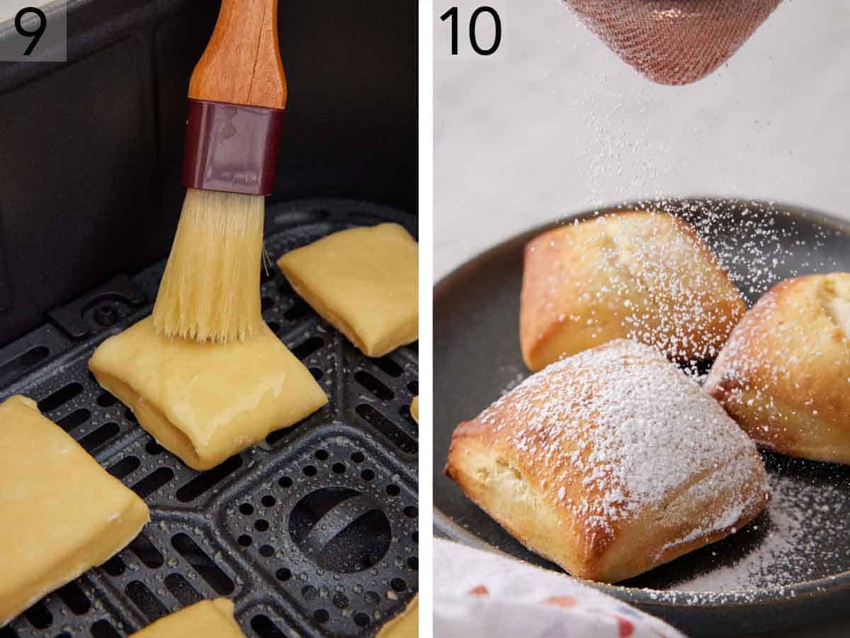 Set of two photos showing melted butter brushed onto the dough in an air fryer basket and the air fryer beignets dusted with powdered sugar.