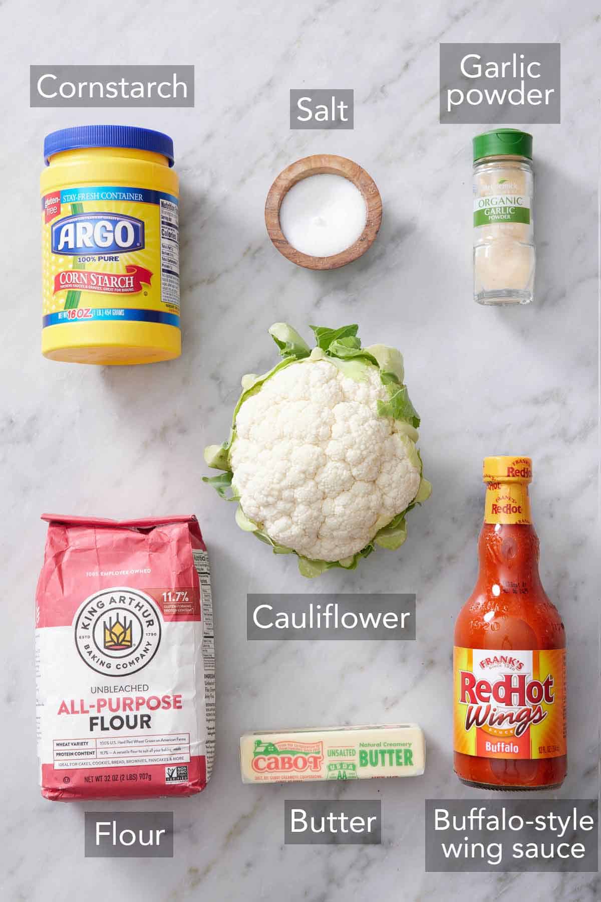 Ingredients needed to make air fryer buffalo cauliflower.