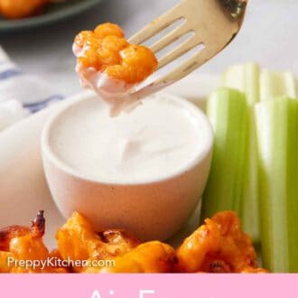 Pinterest graphic of an air fryer buffalo cauliflower on a fork, dipped into a bowl of sauce and lifted up.