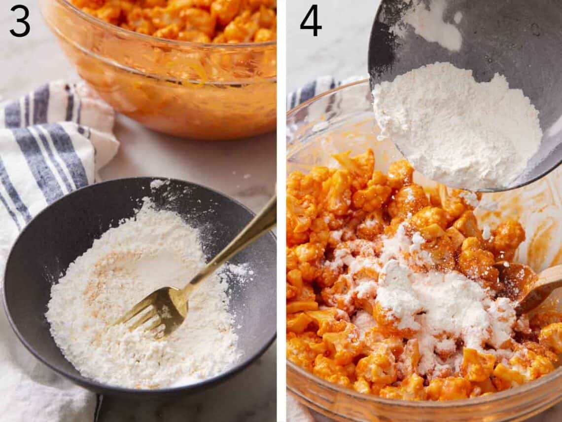 Set of two photos showing dry ingredients mixed in a bowl and added to the florets.