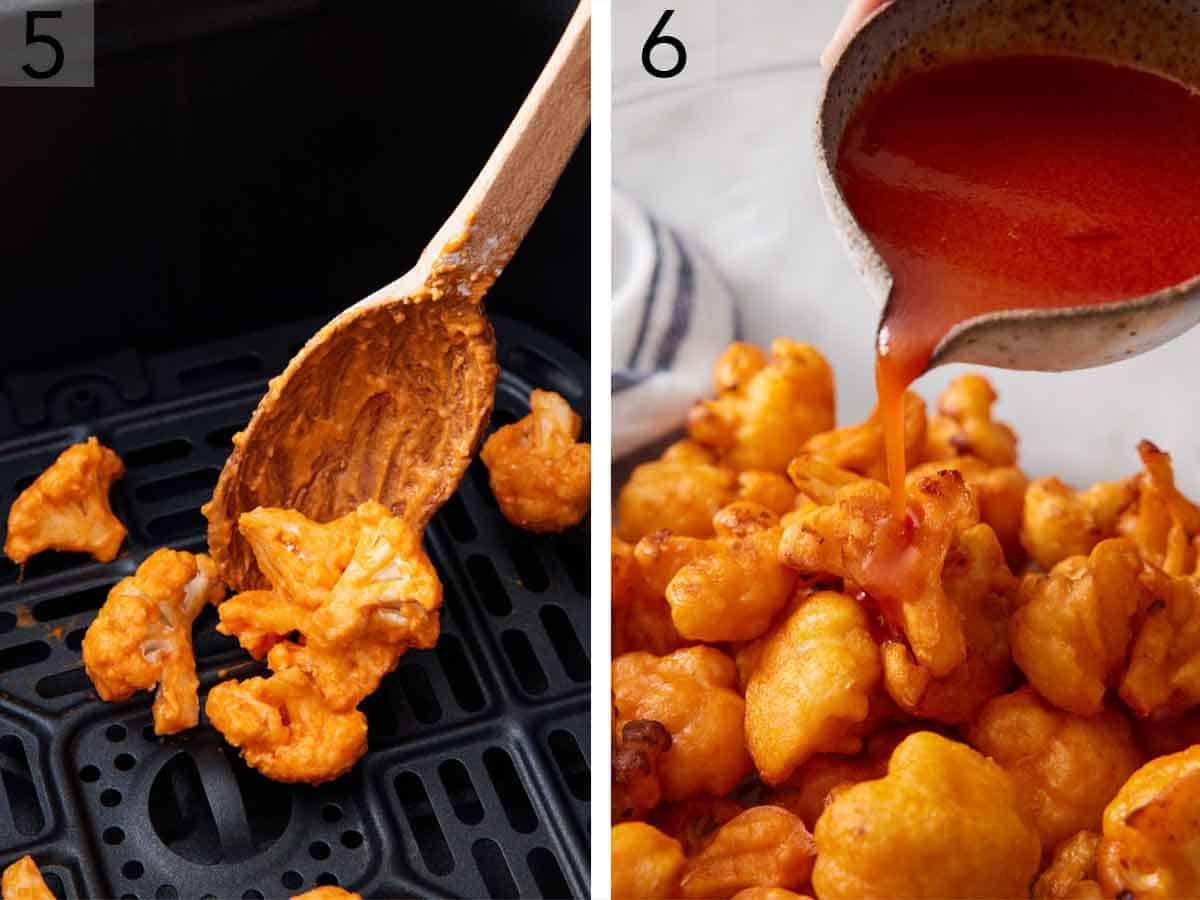 Set of two photos showing coated cauliflower added to the air fryer basket and then tossed in buffalo sauce.