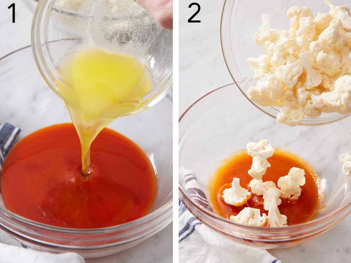 Set of two photos showing melted butter added to a bowl of hot sauce and cauliflower poured into it.
