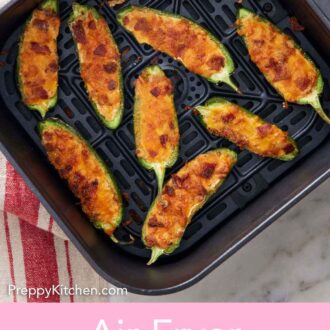 Pinterest graphic of an overhead view of jalapeno poppers in an air fryer basket.