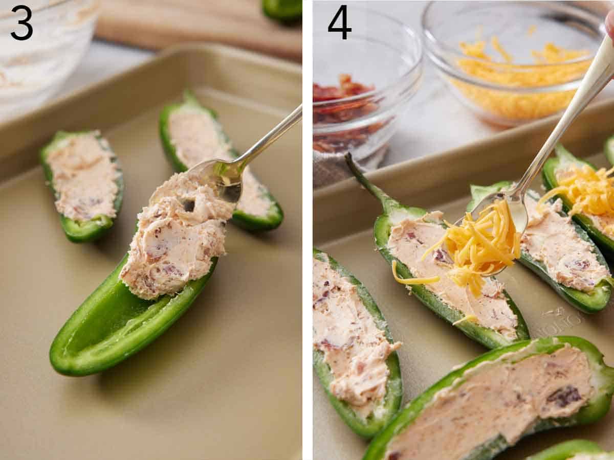 Set of two photos showing filling spooned into a cut jalapeno and topped with cheese.