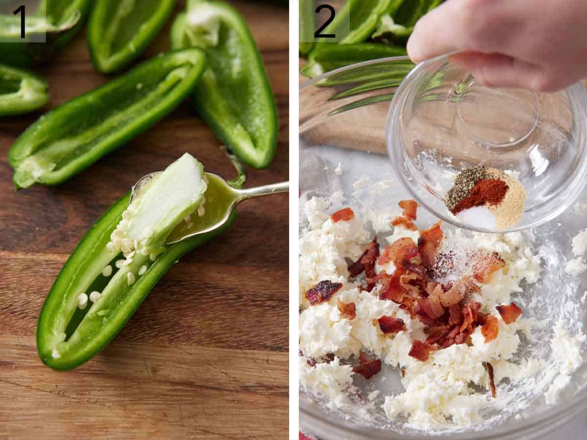 Set of two photos showing a cut jalapeno's seeds being scooped out and seasoning and bacon added to a bowl of cream cheese.