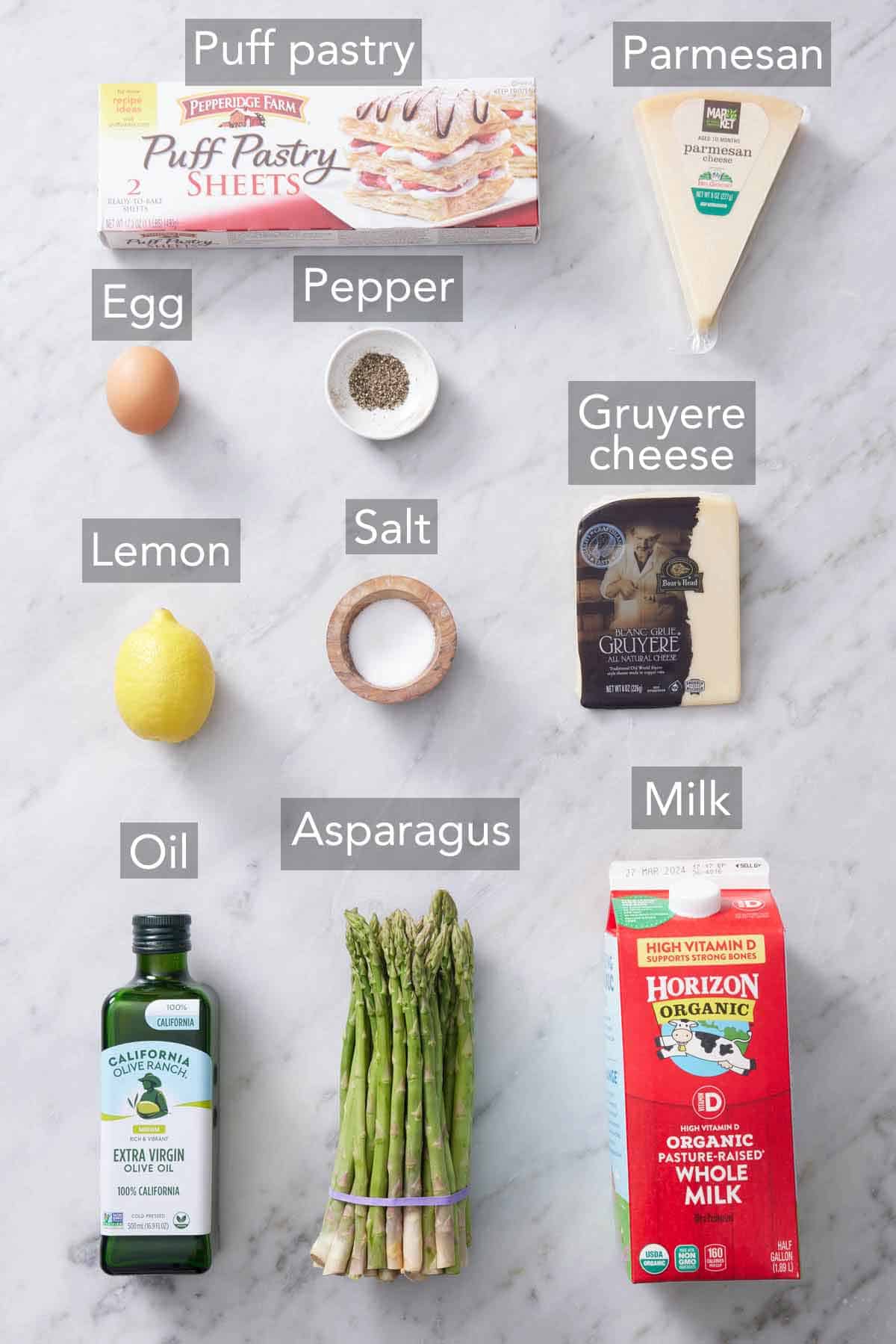 Ingredients needed to make asparagus tart.