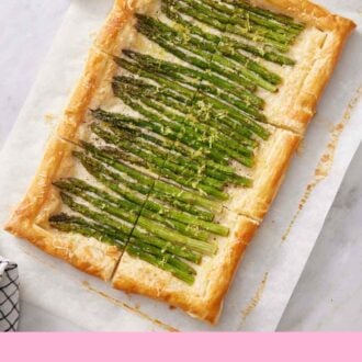 Pinterest graphic of an overhead view of a cut asparagus tart on a sheet of parchment with a bowl of pepper on the side.