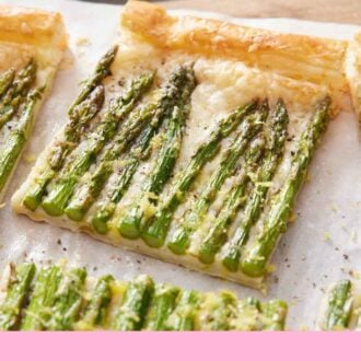 Pinterest graphic of a slice of asparagus tart slightly pulled away from the rest of the tart on a sheet of parchment.