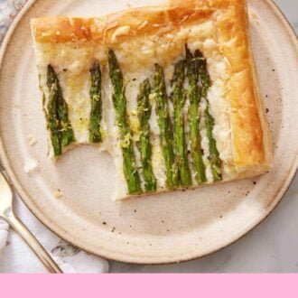 Pinterest graphic of a slice of asparagus tart on a plate with a bite taken out of it.
