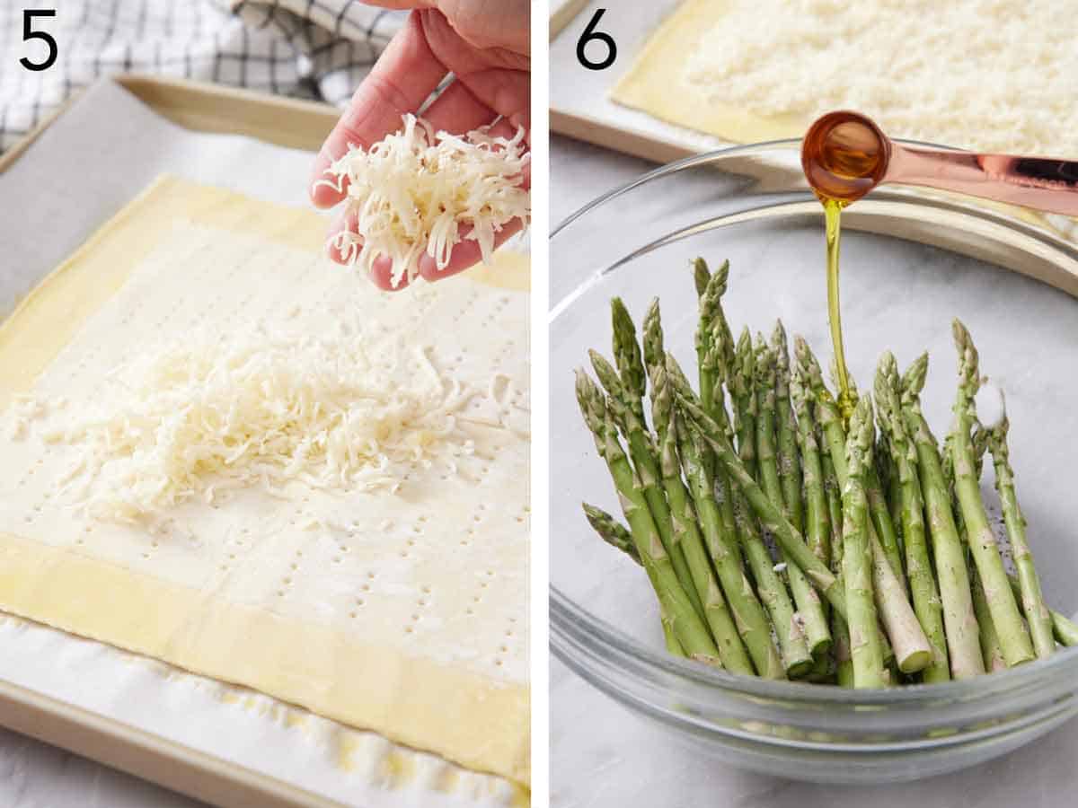 Set of two photos showing shredded cheese added to the puff patry and oil added to a bowl of asparagus.