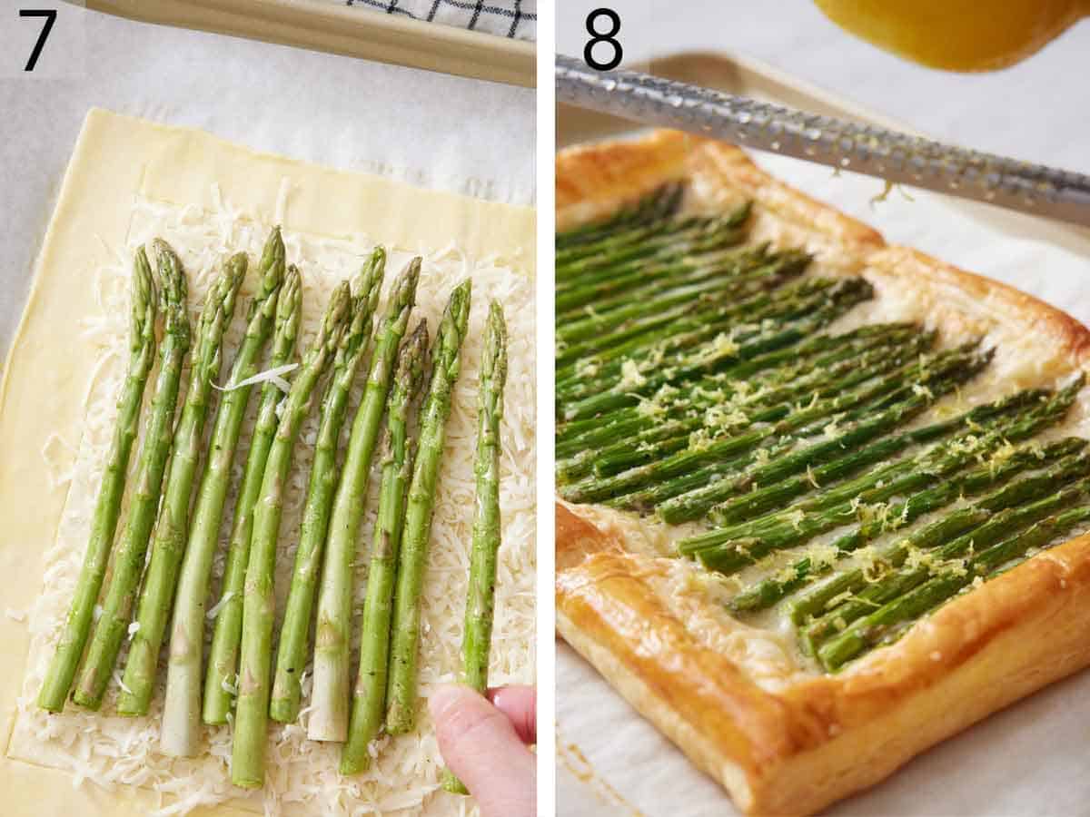 Set of two photos showing asparagus added to the puff pastry then lemon zested over the baked tart.